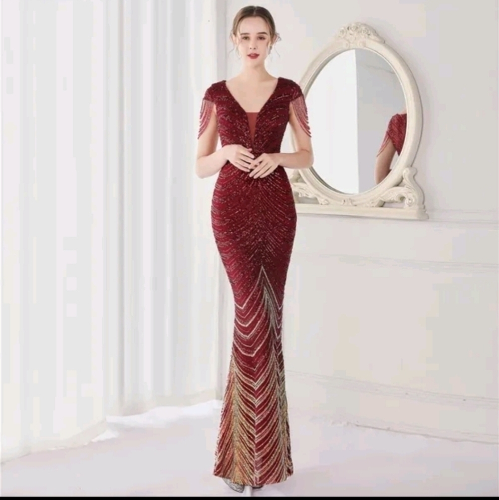 Burgundy Graphic Print, Contrast Sequined,  Draped Rhinestone, Mermaid G…